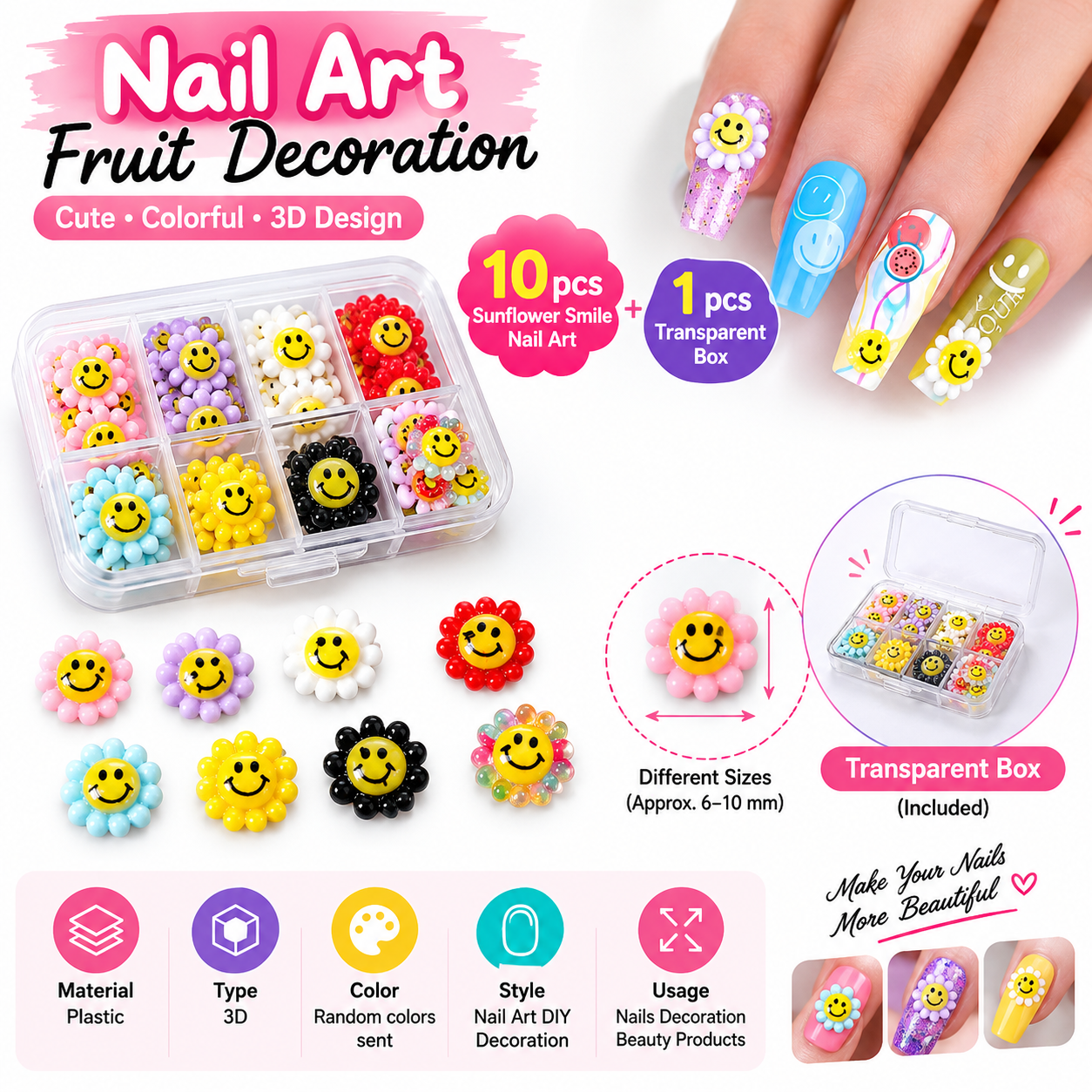 NAIL ART FRUIT DECORATIONS - Cute Sunflower Smile Nail Art - 3D Resin Nail